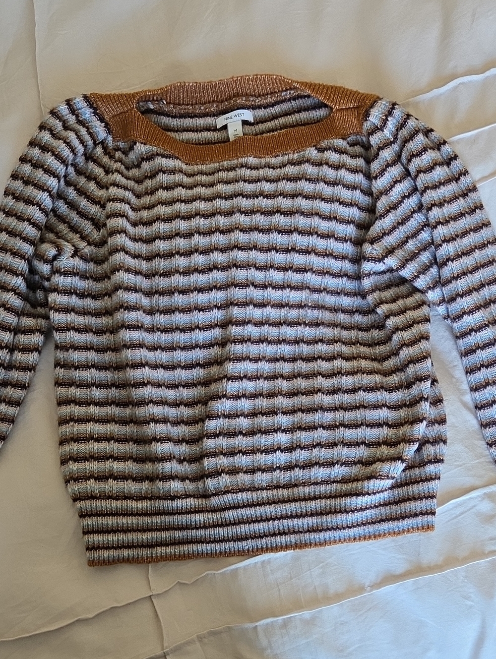 Nine West Striped Crew Sweater in Brown and Cream